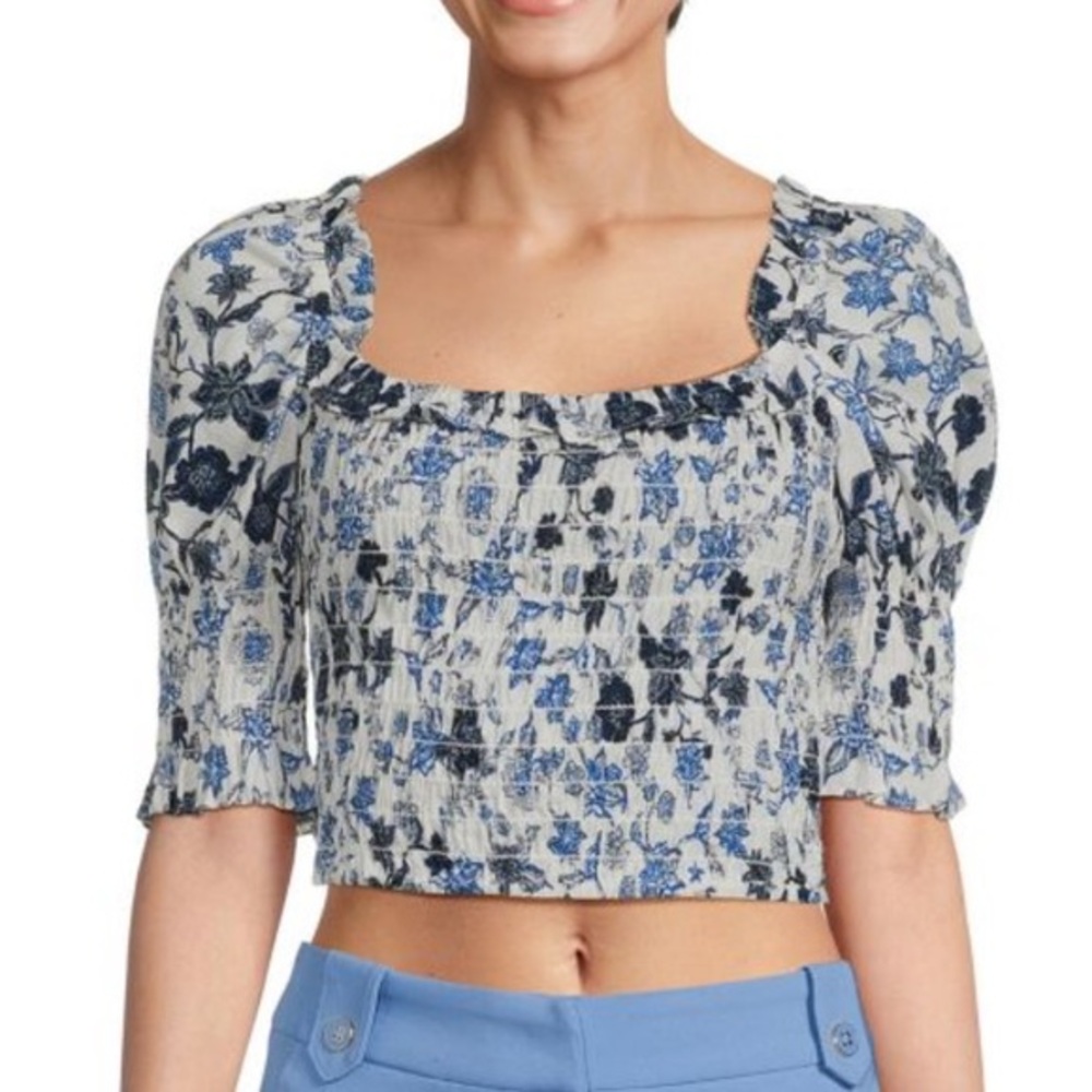 MISA LOS ANGELES Blue Floral Abbey Smocked‎ Crop Top Size Medium